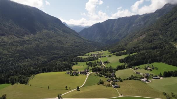 Vista Aérea Aldeia Campos Verdes Floresta Nas Montanhas Alpes Áustria — Vídeo de Stock