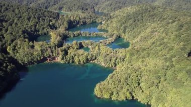 Yazın Hırvatistan, Orta Avrupa, seyahat ve doğa kavramında ormanla ünlü Plitvice Gölleri üzerinde uçmak