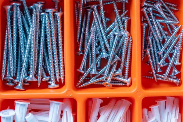 Box Organizer Screws Dowels White Wooden Background Close Top View — Stock Photo, Image