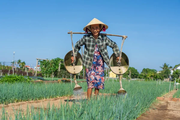 Hoi Vietnam July 2020 Vietnamese Senior Woman Watering Vegetable Garden — Stock Photo, Image