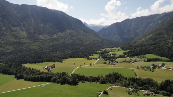 Αεροφωτογραφία Του Χωριού Πράσινα Λιβάδια Και Δάση Στα Βουνά Άλπεις — Αρχείο Βίντεο