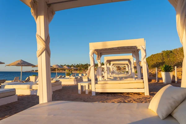 Weißes Sonnensegel Mit Matratze Luxuriösen Sandstrand Einem Tropischen Badeort Der — Stockfoto