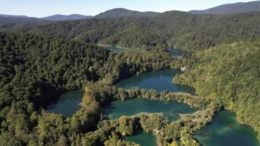 Yazın Hırvatistan, Orta Avrupa, seyahat ve doğa kavramında ormanla ünlü Plitvice Gölleri üzerinde uçmak
