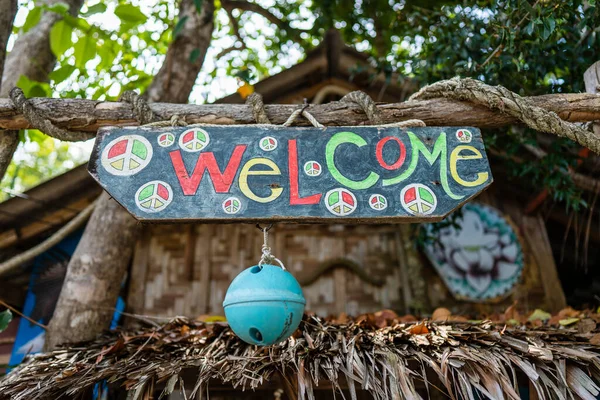 Señal Bienvenida Frente Cafetería Playa Isla Koh Phangan Tailandia Cerca —  Fotos de Stock
