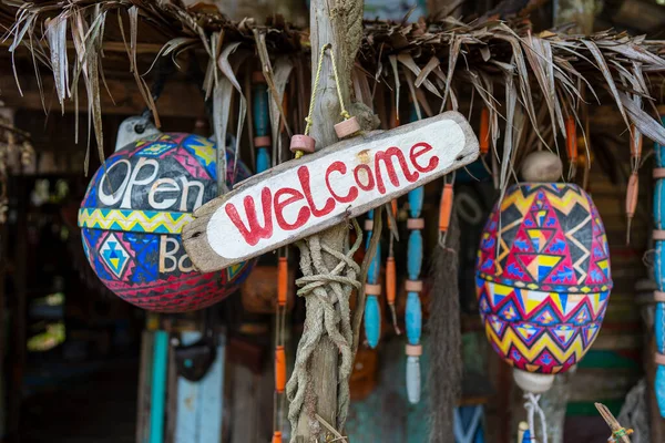 Welcome Sign Front Beach Cafe Island Koh Phangan Thailand Close — Stock fotografie