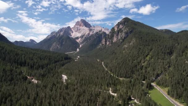 Pemandangan Udara Dari Hutan Pegunungan Hijau Dolomites Italia Perjalanan Dan — Stok Video