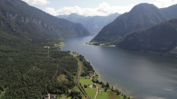 Повітряний Вид Hallsttter See Lake Hallstatt Big Mountain Alps Village — стокове відео