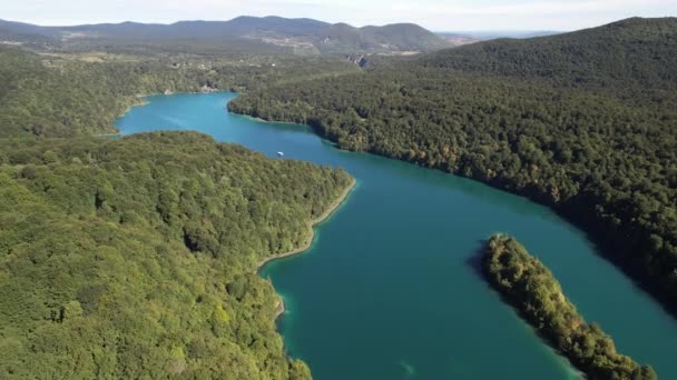 Vliegen Beroemde Plitvice Meren Met Bos Zomer Kroatië Midden Europa — Stockvideo