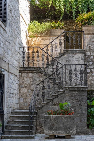 Detail Ancient Cast Iron Railing Stone Staircase Old Town Kotor — Stock Photo, Image