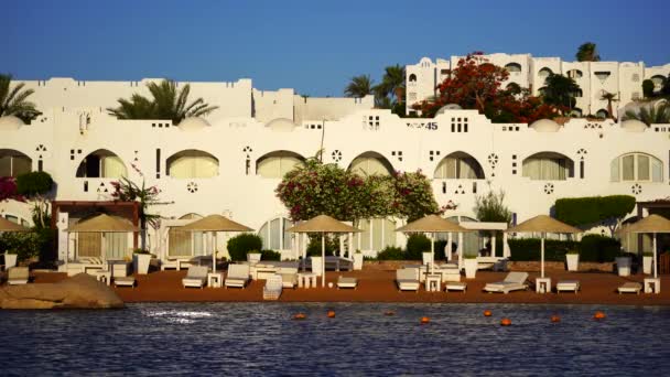 非洲度假胜地沙姆沙伊赫的海滩上平静的红海水反映了建筑物 日光浴者 阳伞和棕榈树 检疫期间的空旷海滩 — 图库视频影像
