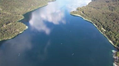 Slovenya, Orta Avrupa 'da yaz aylarında dağlarla ormanlar arasında Bohinjsko jezero ya da Bohinj Gölü üzerindeki hava manzarası, seyahat ve doğa kavramı