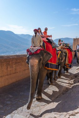 Jaipur, Hindistan - 26 Kasım 2018: Madalyalı filler eski Hindistan 'ın Rajasthan kentindeki Jaipur Kalesi' nde turistlere biniyor