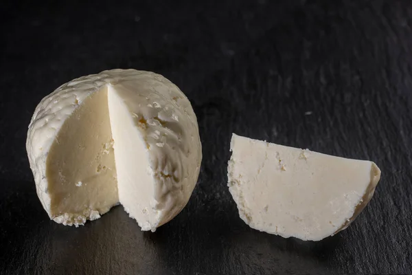 Homemade Soft White Cheese Black Slate Background Close Home Cheese — Foto Stock