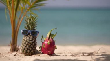 Güneş gözlüklü olgun çekici ananas ve kumsalda pembe ejderha meyvesi turkuaz deniz suyuna karşı, Tayland. Yaz tatili kavramı