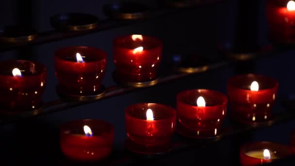 Red Candles Burning Catholic Church Lighted Faithful Austria Close — Video