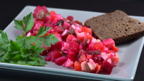 Ukrainian Salad Vinaigrette Salad Boiled Vegetables Beetroot Carrot Potatoes Mixed — Stock video