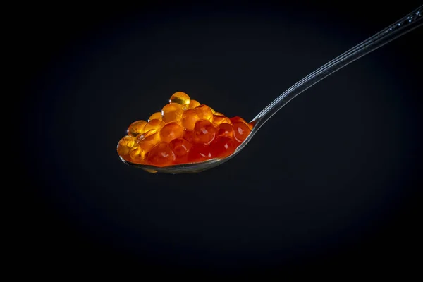 Fresh Red Caviar Spoon Black Background Close — Fotografia de Stock