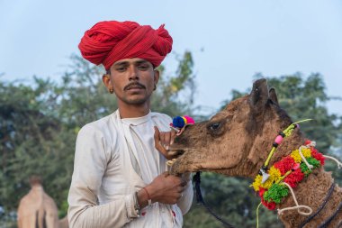Pushkar, Hindistan - 15 Kasım 2018: Hindistan 'ın kutsal şehri Pushkar, Rajasthan yakınlarındaki Pushkar Camel Mela sırasında çölde yaşayan Hintli erkek ve deve. Bu fuar dünyanın en büyük deve ticaret fuarı.