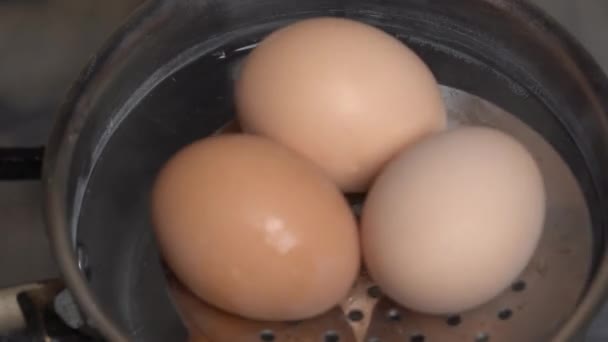 Three Fresh Chicken Eggs Boiling Stainless Steel Pan Sound Close — Wideo stockowe
