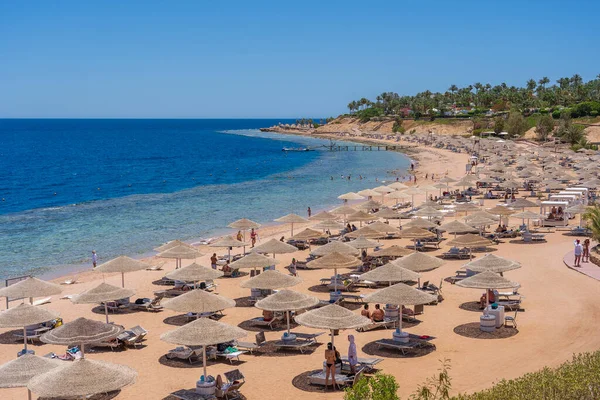 Sharm El Sheikh, Mısır - 25 Mayıs 2021: İnsanlar Sharm El Sheikh, Mısır, Afrika 'daki Kızıldeniz kıyısındaki bir tropik tatil beldesinde plaj sandalyeleri ve saman şemsiyeleriyle lüks bir kumsalda dinleniyorlar.