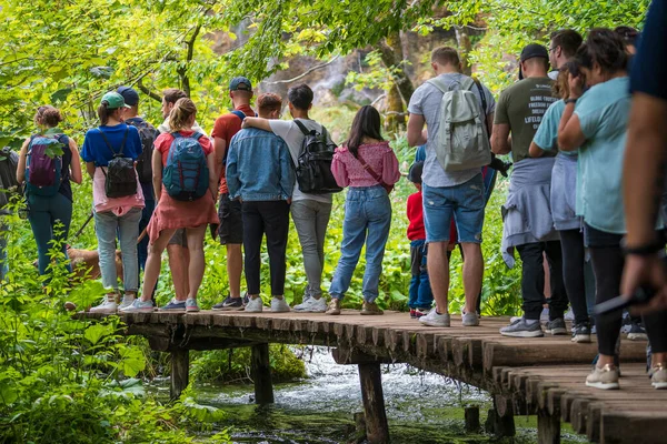 Jeziora Plitwickie Chorwacja Sierpnia 2021 Długa Kolejka Ludzi Czekających Statek — Zdjęcie stockowe