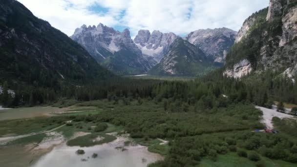 Flygfoto Över Landskapet Södra Dolomiterna Berg Dal Och Durrensee Sjö — Stockvideo