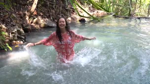 Young Woman Turquoise Water Cascade Waterfall Deep Tropical Rain Forest — Stock videók