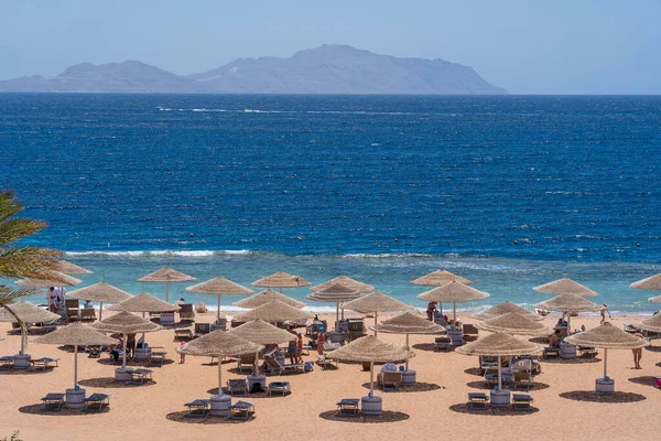 2021年5月23日 埃及沙姆沙伊赫 在埃及沙姆沙伊赫的一个热带度假胜地 人们在一个配有沙滩椅和草伞的豪华沙滩上放松下来 — 图库照片