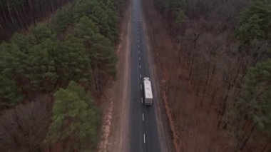 Beyaz karavanı ve taksisi olan bir kamyon, orman asfalt yolunda, otoban manzaralı, hava aracını takip ediyor.