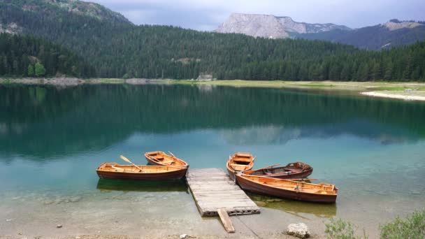 Vista Lago Negro Crno Jezero Norte Montenegro Barcos Turísticos Perto — Vídeo de Stock