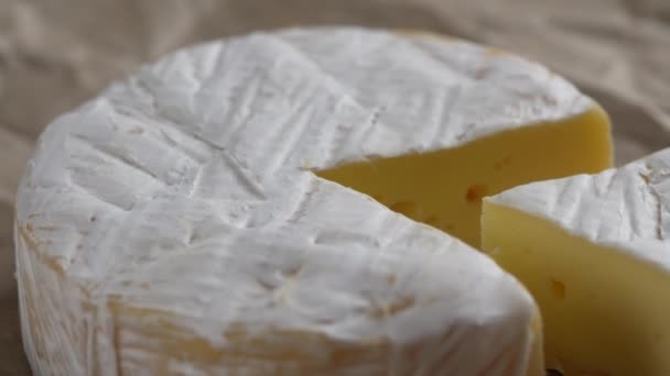 Rotierender Camembert Frischkäse Nahaufnahme Milchproduktekonzept Köstliche Stücke Von Weißem Schimmelkäse — Stockvideo