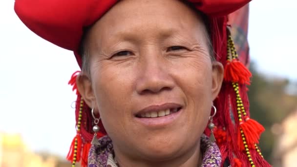 Sapa Vietnam Maart 2020 Etnische Hmongvrouw Traditionele Kledij Sieraden Wacht — Stockvideo