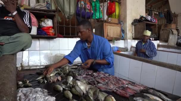 Zanzibar Tanzania November 2019 African Men Prepare Sell Fresh Sea — стоковое видео