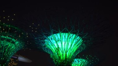 SINGAPORE ŞEHRİ, ŞARKEHİRİ - 29 Mart 2019: marina körfezi yakınlarındaki Gardens 'taki süper ağaçlar, gece aydınlatılmış, Singapur, Güneydoğu Asya. Körfez kıyısında bir bahçe Singapur şehir merkezinde bir doğa parkı.