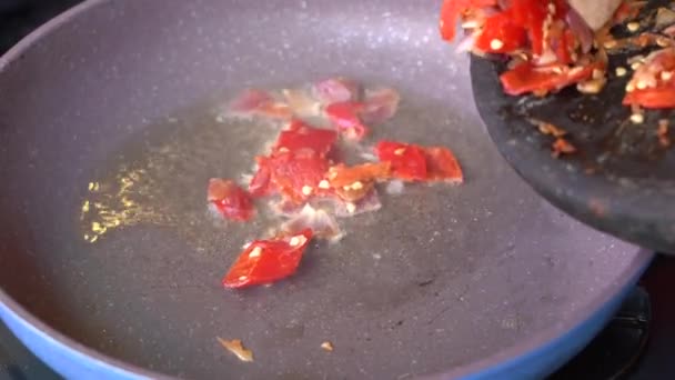 Chopped Onions Red Pepper Fried Vegetable Oil Pan Frying Pan — Stock video