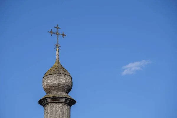 Wooden Dome Orthodox Cross Ancient Ukrainian Church Blue Sky Kyiv — ストック写真