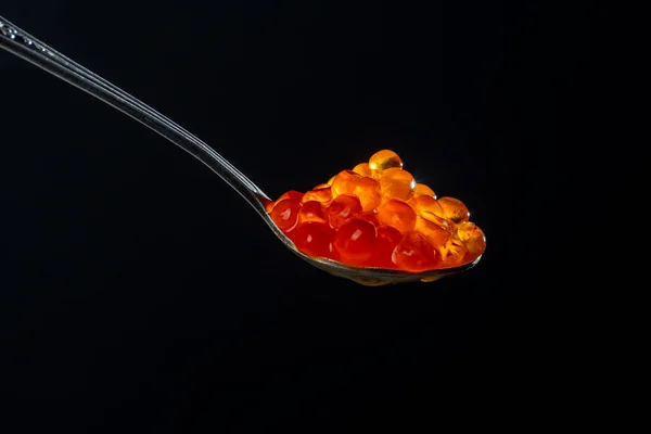 Fresh Red Caviar Spoon Black Background Close — Fotografia de Stock