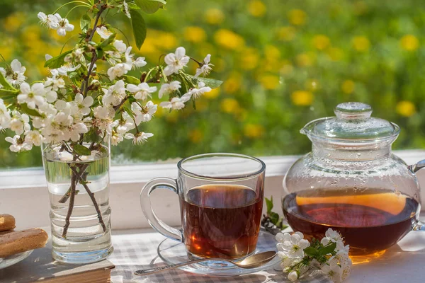 Delicious Hot Tea Windowsill Home Summer Day Garden Close Copy — Photo