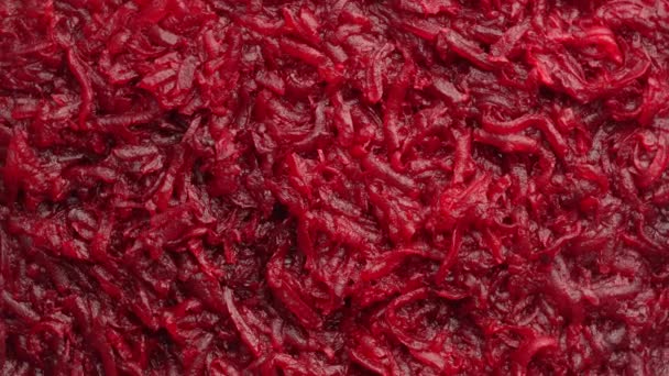 Ιστορικό Και Υφή Ακατέργαστου Φρέσκου Ζουμερά Τριμμένου Κόκκινου Παντζαριού Λαχανικών — Αρχείο Βίντεο