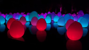 Singapur şehri, Singapur - 27 Şubat 2020: Singapur 'da gece gösteriminde Marina Körfezi Kumları' ndaki bahçelerde Dragonfly Gölü 'nde renkli parlayan yumurtalar