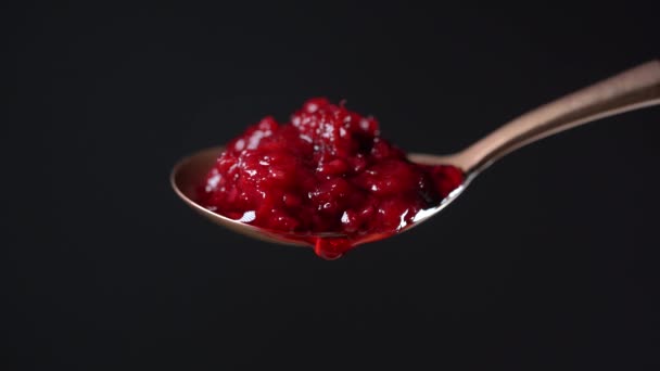 Spoon Red Raspberry Jam One Drop Red Raspberry Jam Dripping — Stock Video