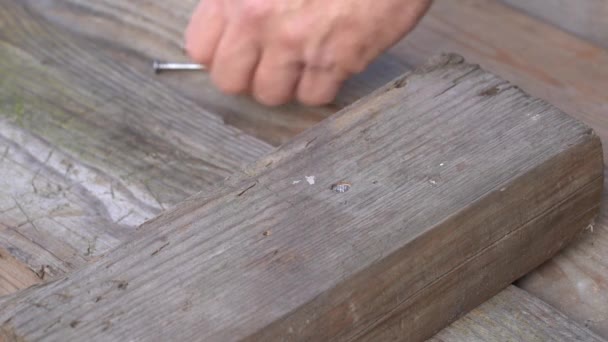 Man Hammering Nail Board Hammer Hands Elderly Man Old Hammer — Stockvideo