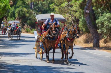 Büyükada Adası, Türkiye - 23 Temmuz 2015: Büyükada Adası 'nda at çekilen turist arabası. Büyükada, İstanbul yakınlarındaki en büyük adadır