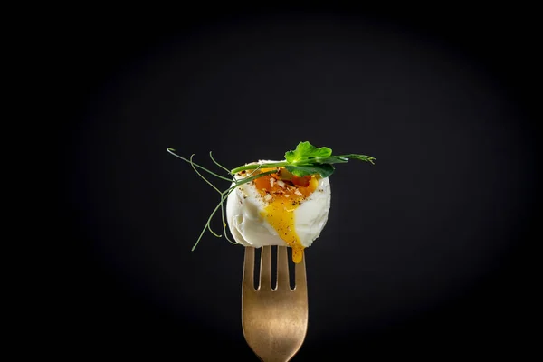 Soft Boiled Egg Pea Microgreens Fork Black Background Close Breakfast Stockfoto