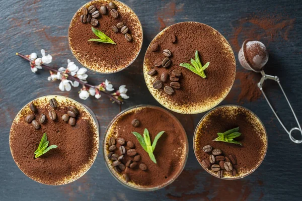 Traditionelles Italienisches Desserttiramisu Mit Kakaopulver Kaffeebohnen Und Grüner Minze Auf — Stockfoto