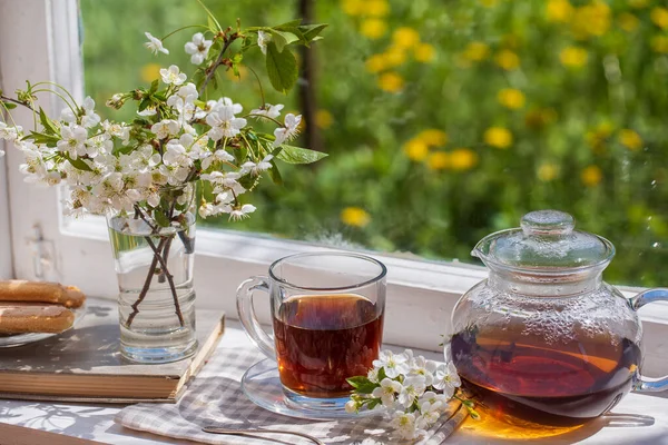 Delicious Hot Tea Windowsill Home Summer Day Garden Close Copy — Stock fotografie