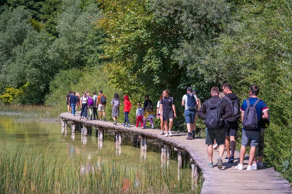 Plitvice Lakes Croatia August 2021 Group People Walking Wooden Deck - Stok İmaj