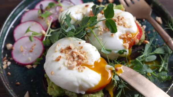 Bread Toast Poached Eggs Avocado Pulp Pea Microgreens Fresh Vegetables — Stock videók