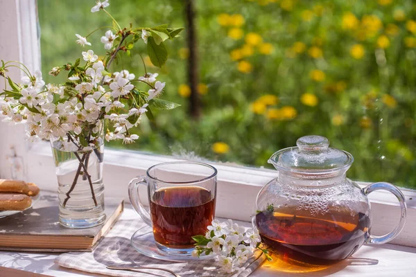 Delicious Hot Tea Windowsill Home Summer Day Garden Close Copy — Foto Stock