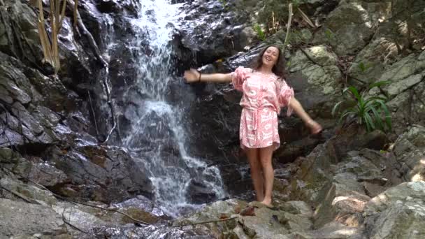 Young Woman Turquoise Water Cascade Waterfall Deep Tropical Rain Forest — Stockvideo